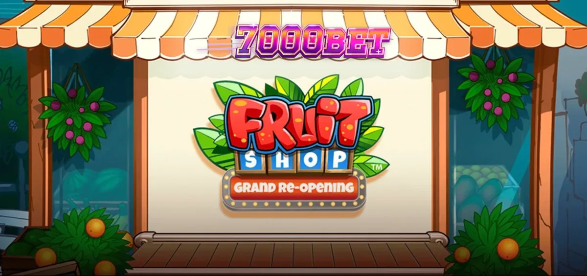 Fruit Shop Grand Re-Opening slot game interface with vibrant fruit symbols and summer market theme.